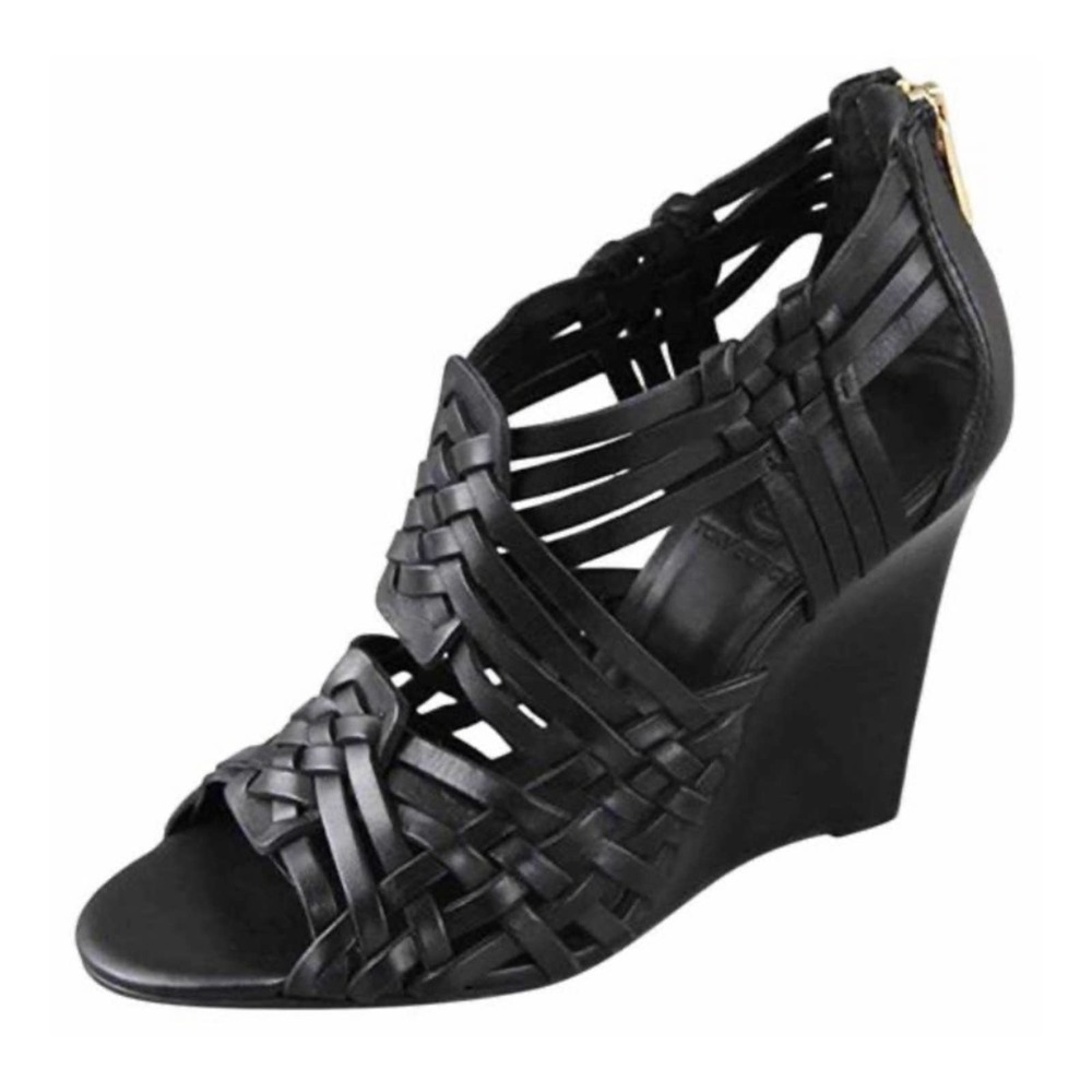 Tory Burch "Tevray" Black Leather Wedge Heels 6.5